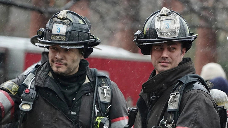 Two firefighters in the rain  Chicago Fire