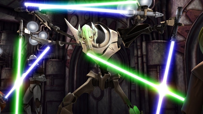 General Grievous fighting two Jedi