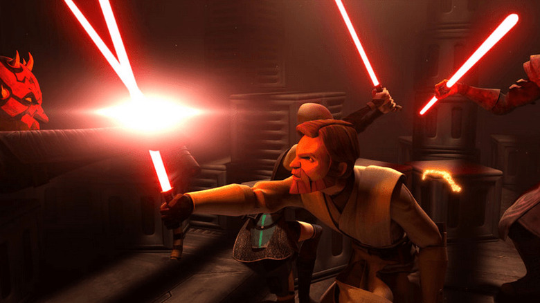 Obi-Wan, Maul, Ventress, and Savage fighting