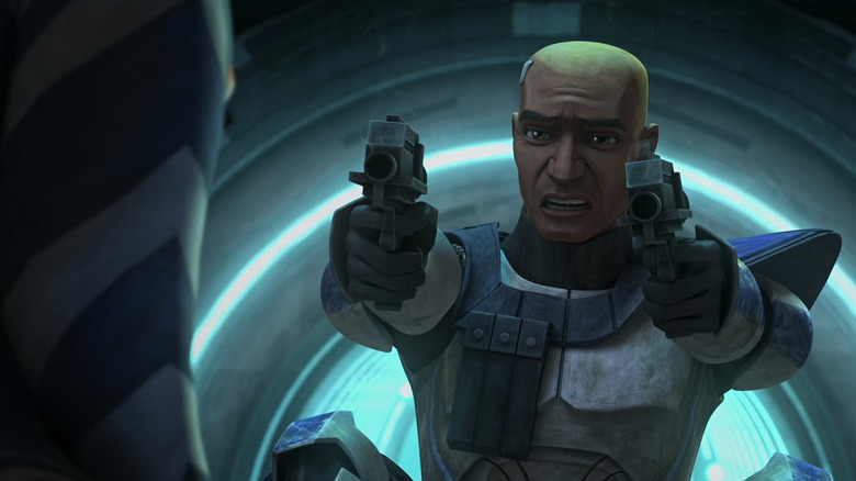 Rex pointing gun at Ahsoka