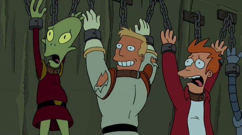 Kif, Zapp, Fry chained up