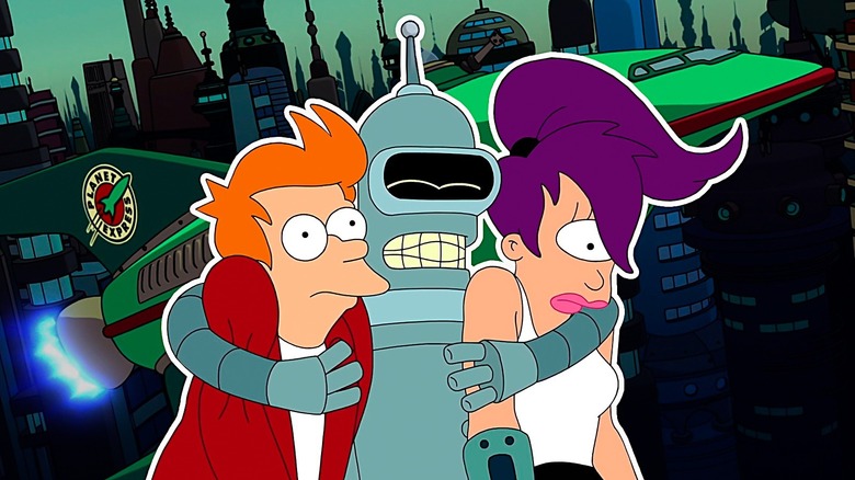 Fry, Bender, and Leela hugging