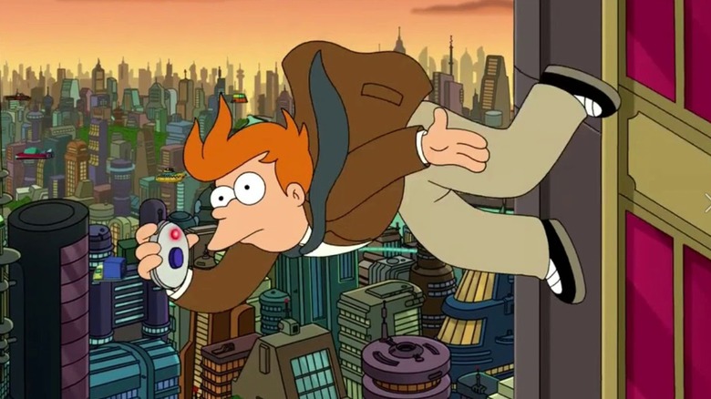 Fry falling wearing suit