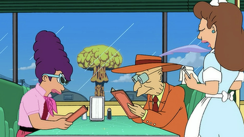 Leela and Farnsworth in diner