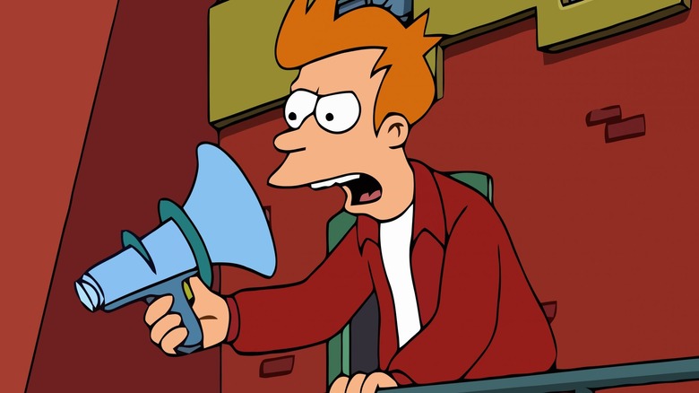 Fry yelling into backwards megaphone