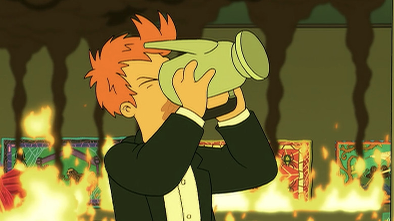 Fry chugging coffee amid fire