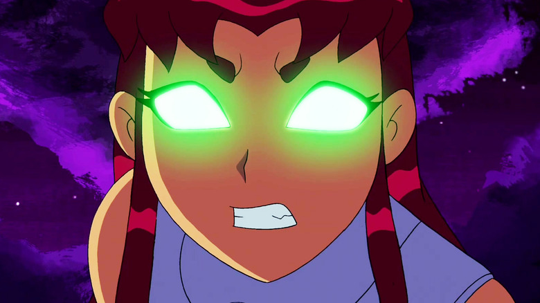 Starfire glaring with glowing eyes