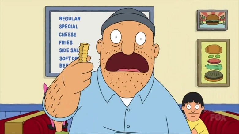 teddy holding a fry and screaming