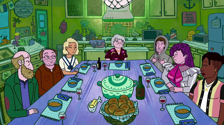 The Schwooper family at dinner in "Long Story Short"