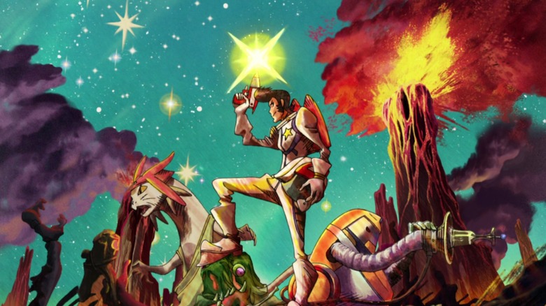 Meow, Dandy, and QT on a volcano planet in "Space Dandy"