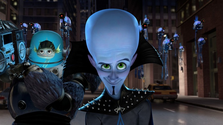 Megamind and Minion walking through the streets of Metro City in "Megamind" (2010)