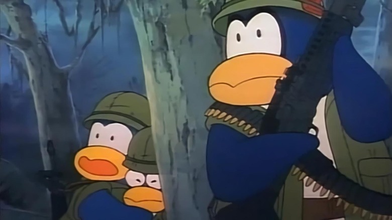 Mike and his wartime companions preparing for a fight in Penguin's Memory: A Tale of Happiness (1985)