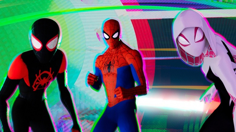A trio of Spider-people ready to fight in Spider-Man: Into the Spider-Verse (2023)