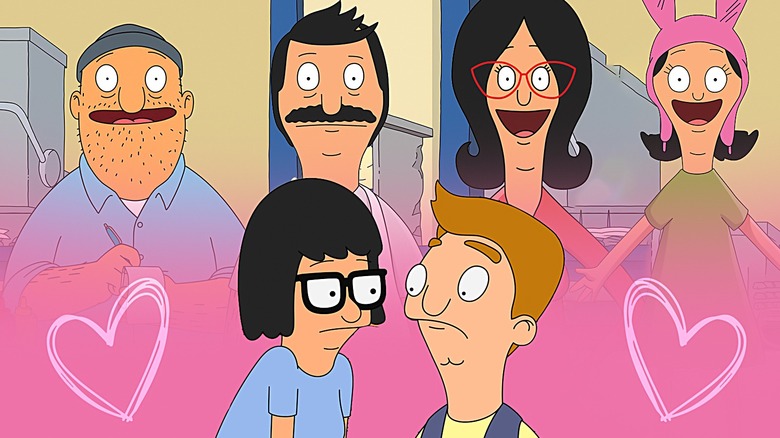 Bob's Burgers Teddy, Bob, Linda, Louise smiling near Tina and Jimmy Pesto Jr.