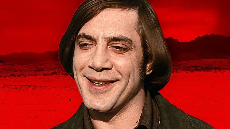 Anton Chigurh looking creepy in No Country for Old Men with red background