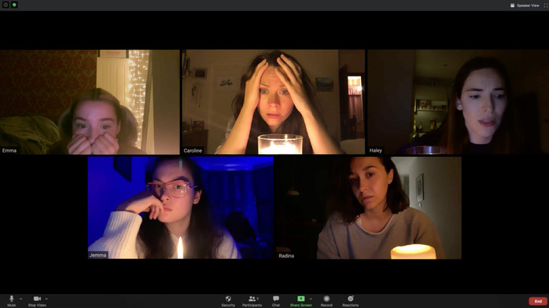 Emma, Caroline, Haley, Jemma, and Radina in a Zoom call with scared expressions in "Host."