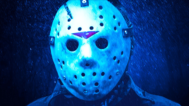 Jason Voorhees wearing hockey mask in rain