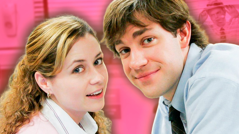 Jim and Pam from The Office with a pink background