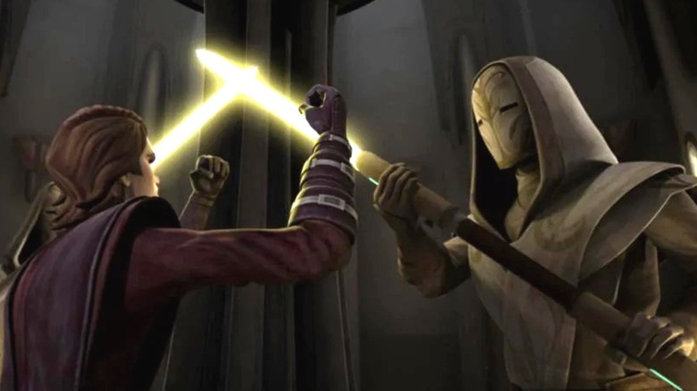 Anakin holding his arms up against a Jedi Temple guard holding a lightsaber pike in "Star Wars: The Clone Wars."