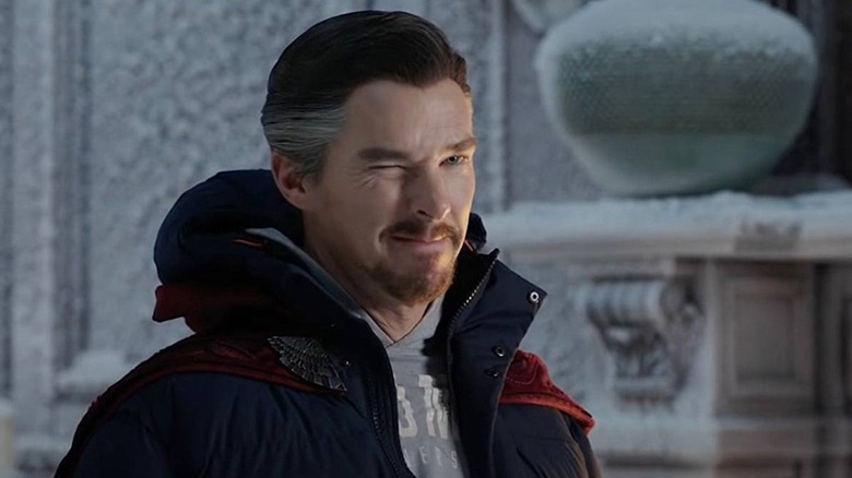 Doctor Strange shooting Peter Parker/Spider-Man a wink in Spider-Man: No Way Home (2021)