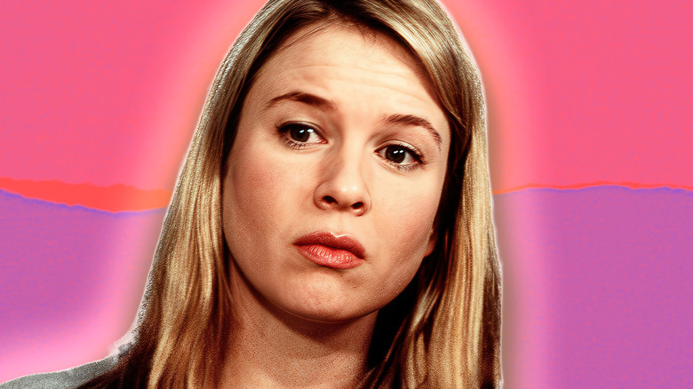 Bridget from Bridget Jones's Diary against a pink background