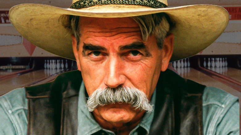 Sam Elliot as the narrator of The Big Lebowski, set against a bowling alley background