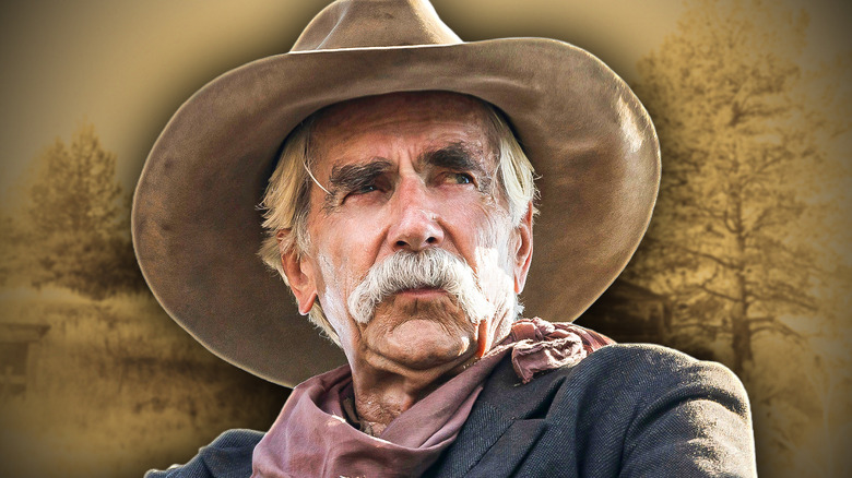 Sam Elliot in The Hero looking up solemnly against a bunch of trees (2026)