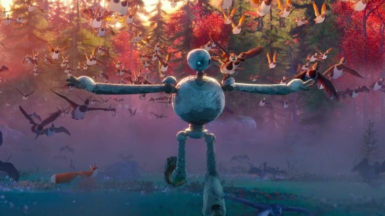 Roz runs with a flock of geese taking flight in "The Wild Robot" (2024)