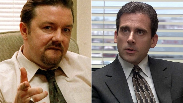Side-by-side photos of David Brent and Michael Scott in the U.K. and U.S. versions of "The Office"