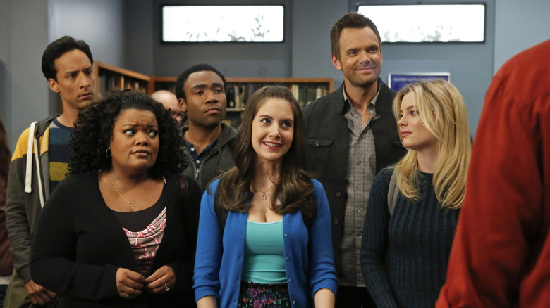 Abed, Shirley, Troy, Annie, Jeff, and Britta react to someone in "Community" (2009-2014)