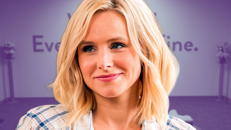 Eleanor Shellstrop in The Good Place with a background from the show