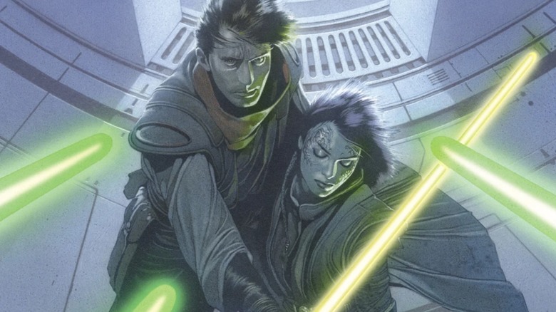 Two Jedi facing down their comrades on the cover of "Star Wars: Knights of the Old Republic" #1