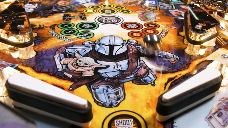 A close-up of the playfield from the Star Wars - The Mandalorian: LE pinball table.
