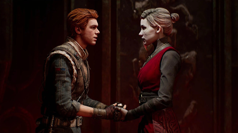 Cal Kestis and Merrin speaking to each other during an intense conversation in "Star Wars Jedi: Fallen Order"