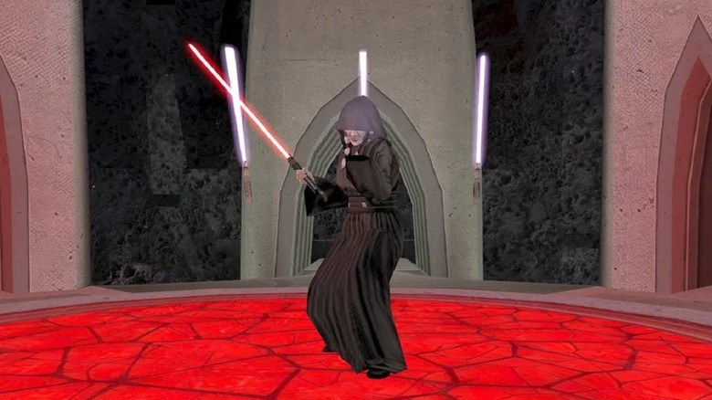 Kreia holding a red lightsaber with three purple lightsabers floating around her in "Star Wars: Knights of the Old Republic II: The Sith Lords"