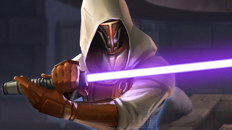 Revan holding a purple lightsaber in "Star Wars: Galaxy of Heroes"