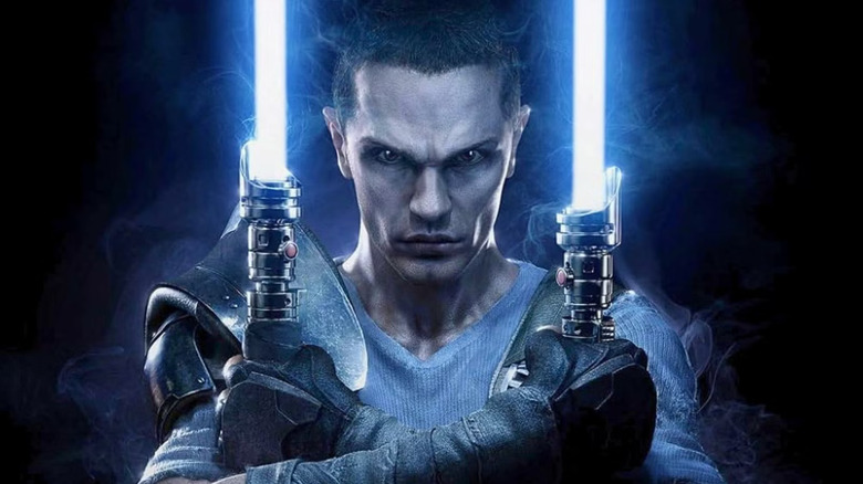Galen Marek holding two blue lightsabers while glaring intensely at the camera in "Star Wars: The Force Unleashed 2"