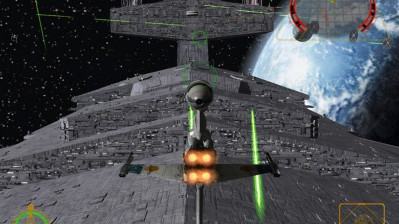 Gameplay of a B-wing starfighter taking on an Imperial Star Destroyer in Star Wars Rogue Squadron II: Rogue Leader (2001)