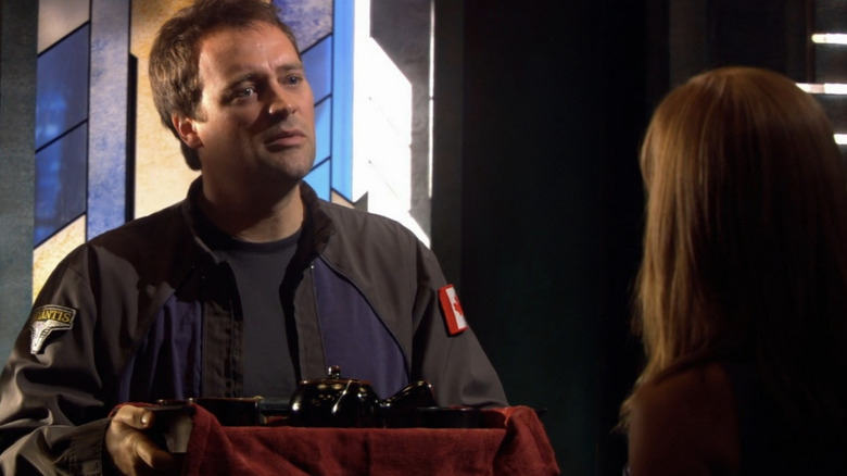 Dr. Rodney McKay brings tea to Teyla Emmagan on "Stargate Atlantis" (2004-2009)