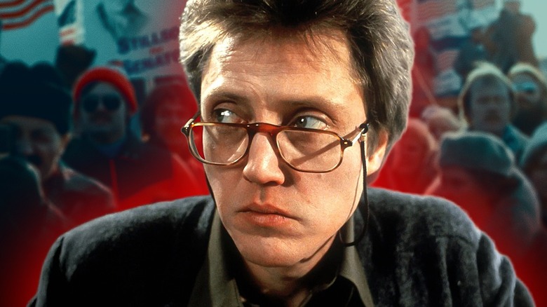 Close-up of Christopher Walken as Johnny Smith from The Dead Zone. Background of the senatorial rally from the movie
