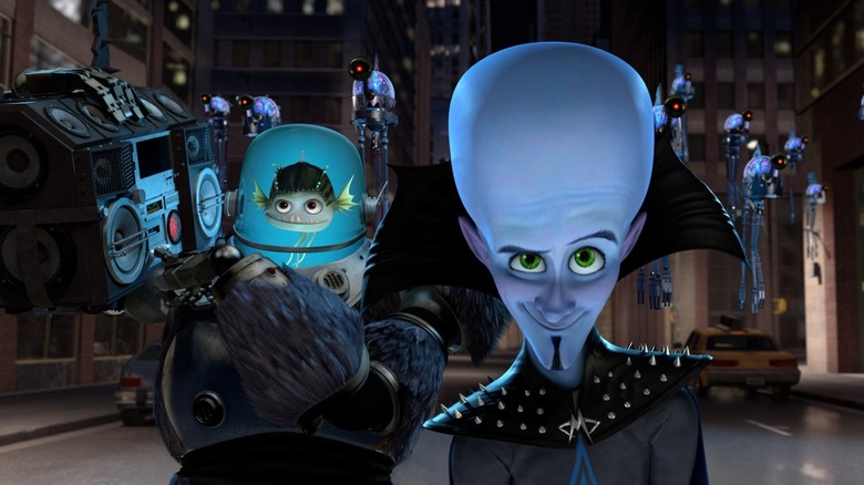 Megamind and Minion walking down the street in "Megamind"