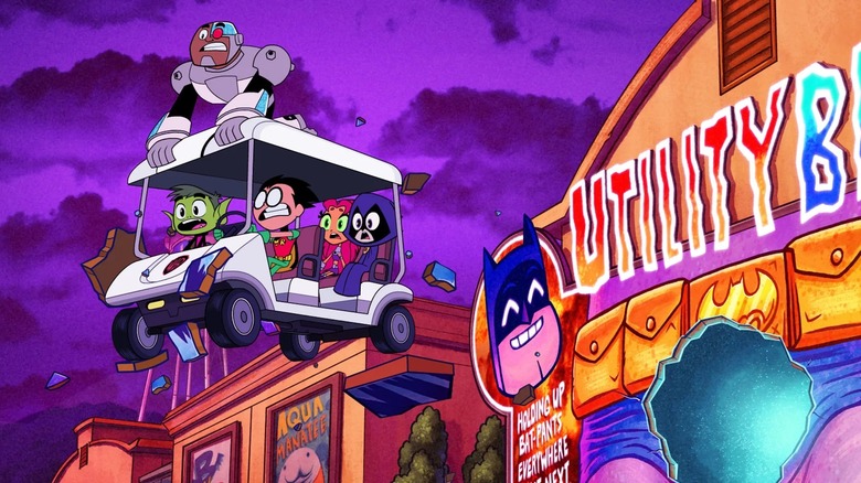 The Teen Titans making an escape with a go cart in "Teen Titans Go! To the Movies"