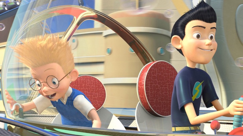Lewis and Wilbur Robinson soaring around in the future in "Meet the Robinsons" (2007)