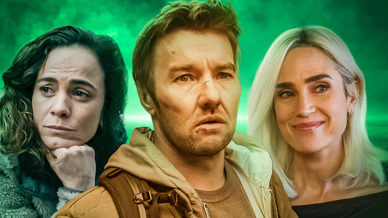 Close-up of Joel Edgerton as Jason Dessen in Dark Matter in the center, with Jennifer Connelly as Daniela Vargas Dessen on one side and Alice Braga as Amanda Lucas on the other