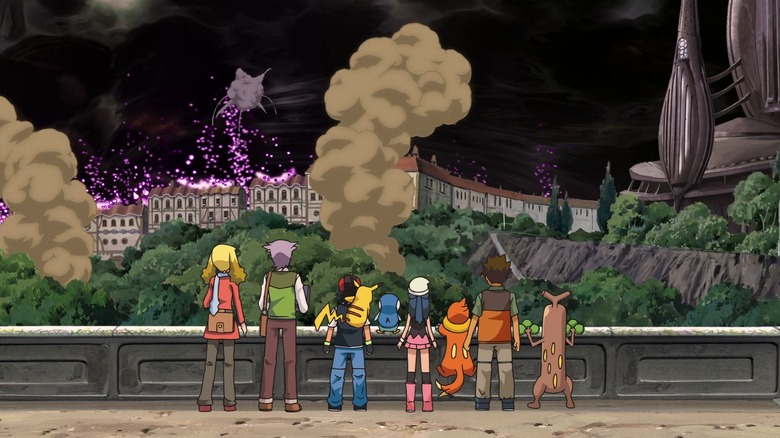 Ash Ketchum and friends witnessing a city under attack in "Pokémon: The Rise of Darkrai"