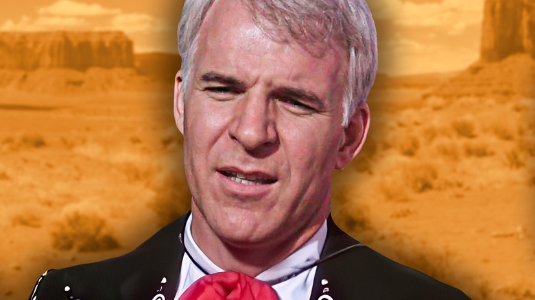 Close-up of Steve Martin as Lucky Day in Three Amigos! with a background from the movie
