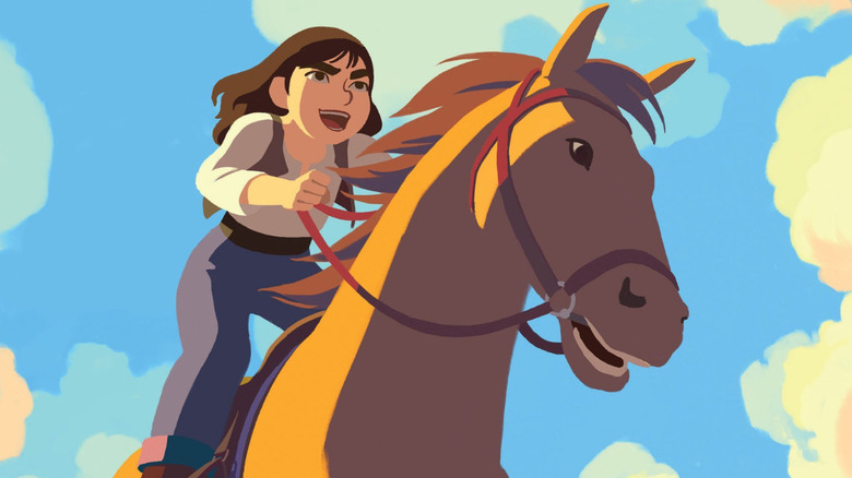 Jane learning how to ride a horse in Calamity (2020)