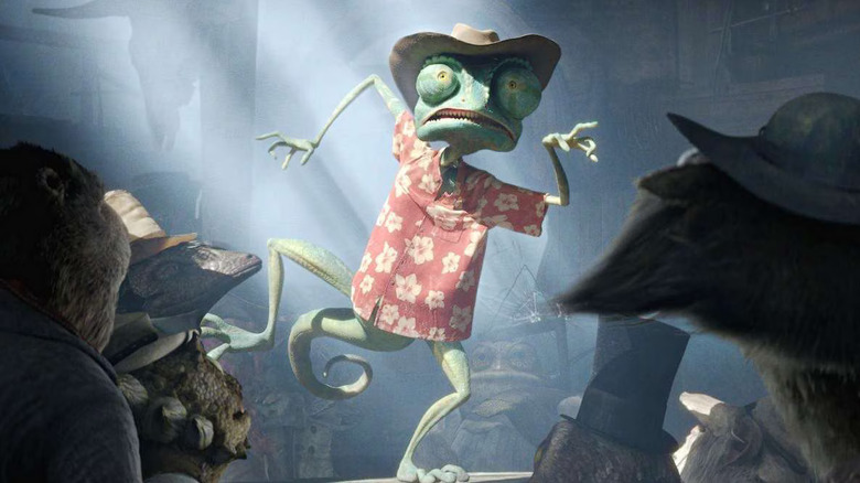 Rango strikes an awkward pose, surrounded by other animals, in "Rango" (2011)