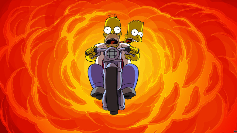 Homer and Bart Simpson evade an explosion in The Simpsons Movie (2007)