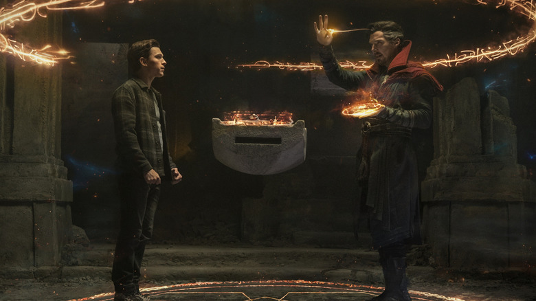 Peter Parker and Doctor Strange conjuring a spell in "Spider-Man: No Way Home" (2021)